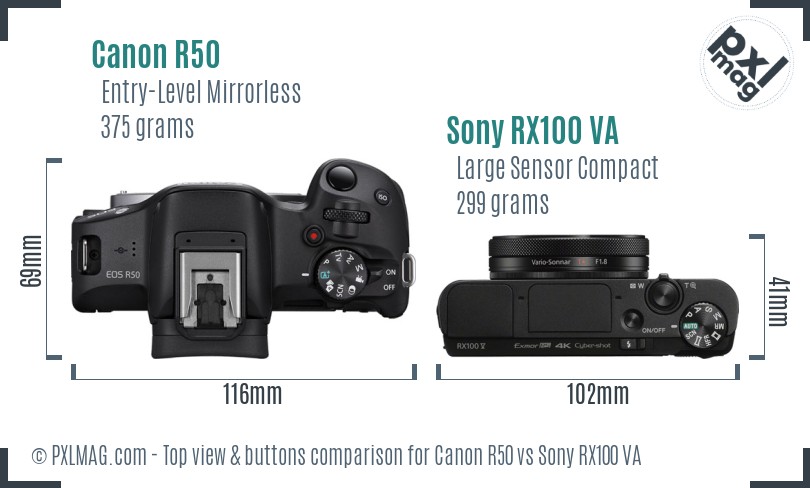 Canon R50 vs Sony RX100 VA top view buttons comparison