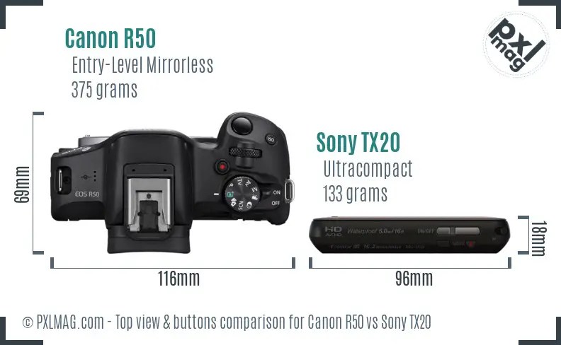 Canon R50 vs Sony TX20 top view buttons comparison Canon R50 vs Sony TX20 top view buttons comparison