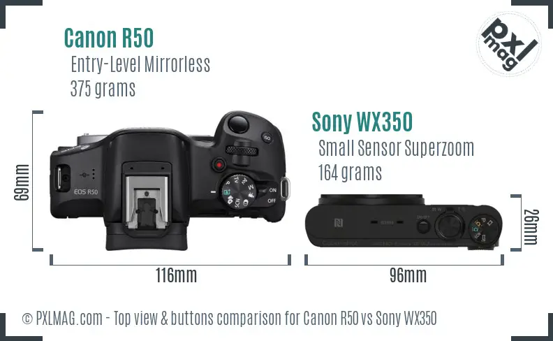 Canon R50 vs Sony WX350 top view buttons comparison Canon R50 vs Sony WX350 top view buttons comparison