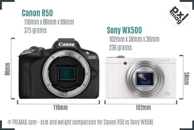 Canon R50 vs Sony WX500 size comparison Canon R50 vs Sony WX500 size comparison