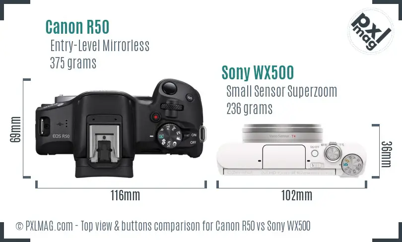 Canon R50 vs Sony WX500 top view buttons comparison Canon R50 vs Sony WX500 top view buttons comparison