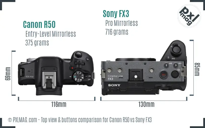 Canon R50 vs Sony FX3 top view buttons comparison Canon R50 vs Sony FX3 top view buttons comparison