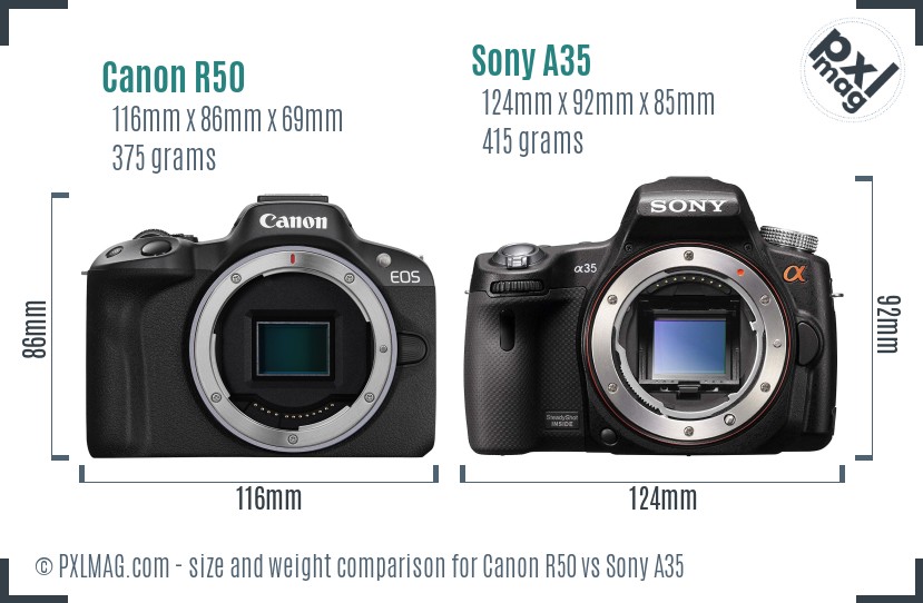Canon R50 vs Sony A35 size comparison