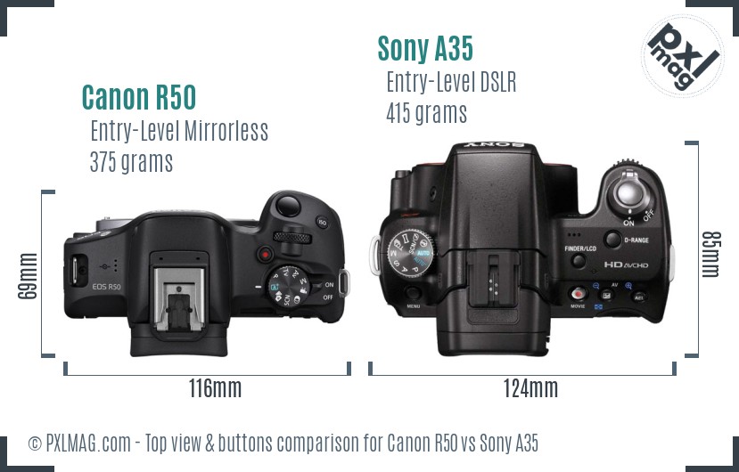 Canon R50 vs Sony A35 top view buttons comparison