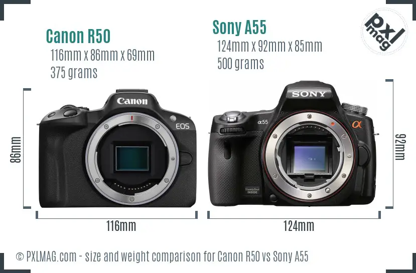 Canon R50 vs Sony A55 size comparison Canon R50 vs Sony A55 size comparison