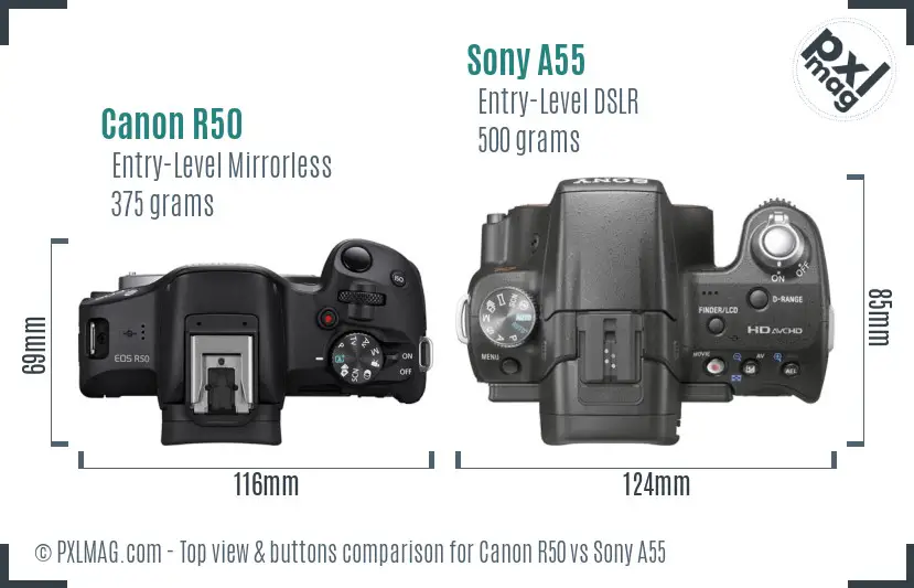 Canon R50 vs Sony A55 top view buttons comparison