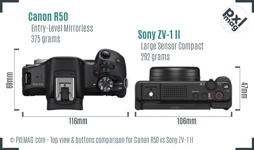 Canon R50 vs Sony ZV-1 II top view buttons comparison Canon R50 vs Sony ZV-1 II top view buttons comparison