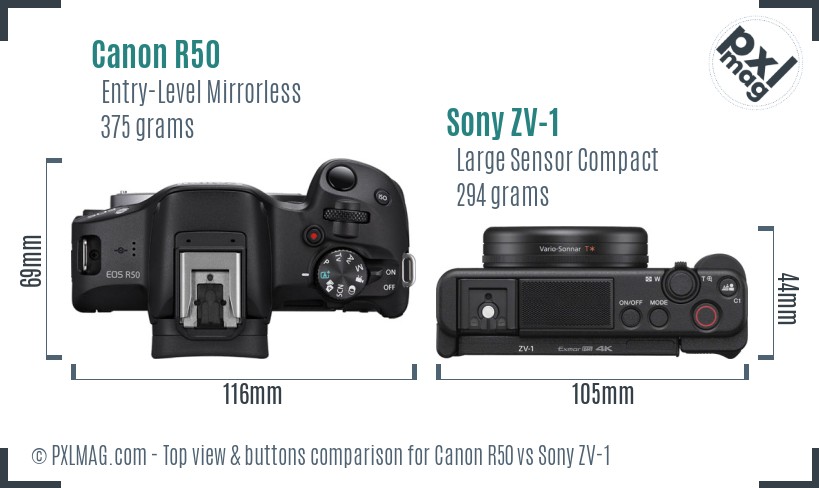 Canon R50 vs Sony ZV-1 top view buttons comparison