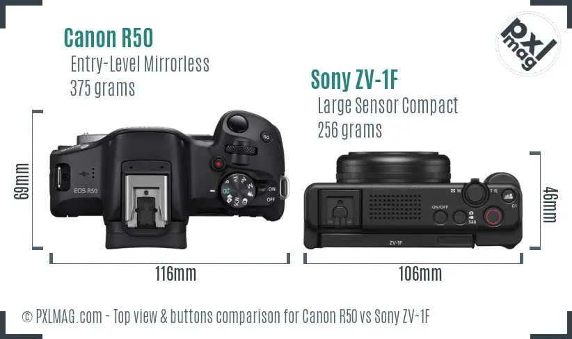 Canon R50 vs Sony ZV-1F top view buttons comparison Canon R50 vs Sony ZV-1F top view buttons comparison