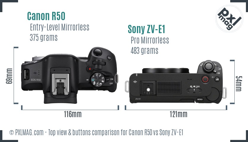 Canon R50 vs Sony ZV-E1 top view buttons comparison