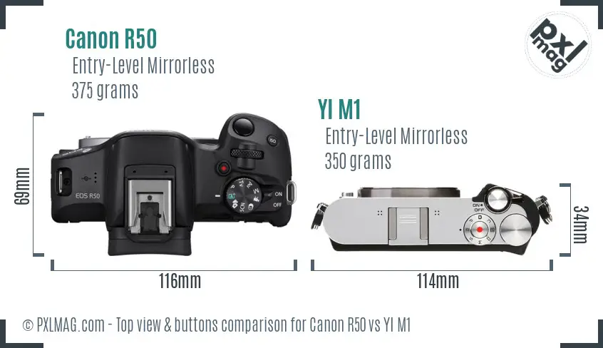 Canon R50 vs YI M1 top view buttons comparison