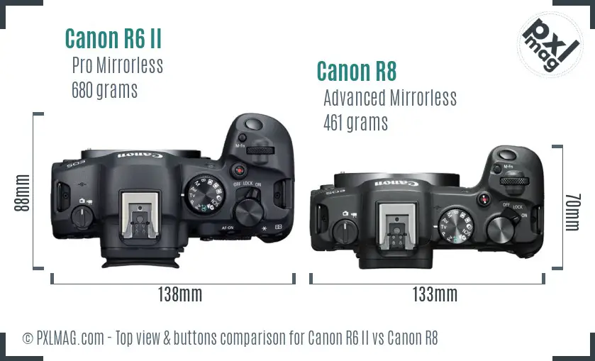 Canon R6 II vs Canon R8 top view buttons comparison