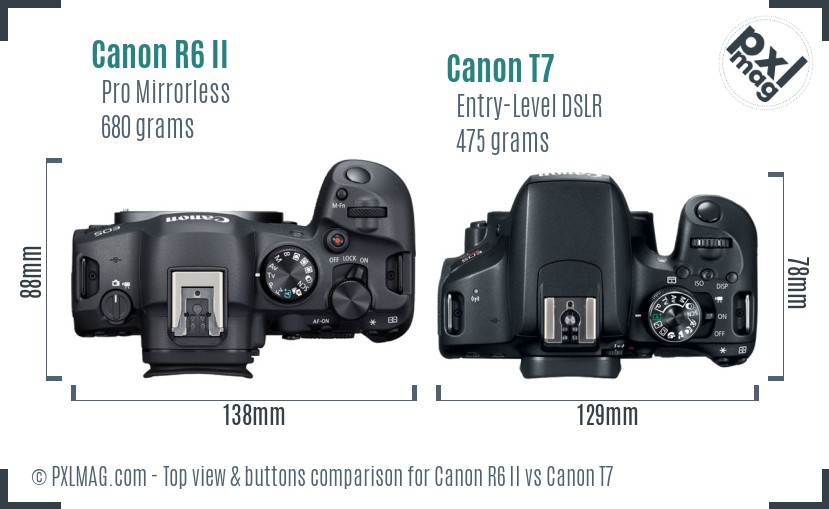 Canon R6 II vs Canon T7 top view buttons comparison