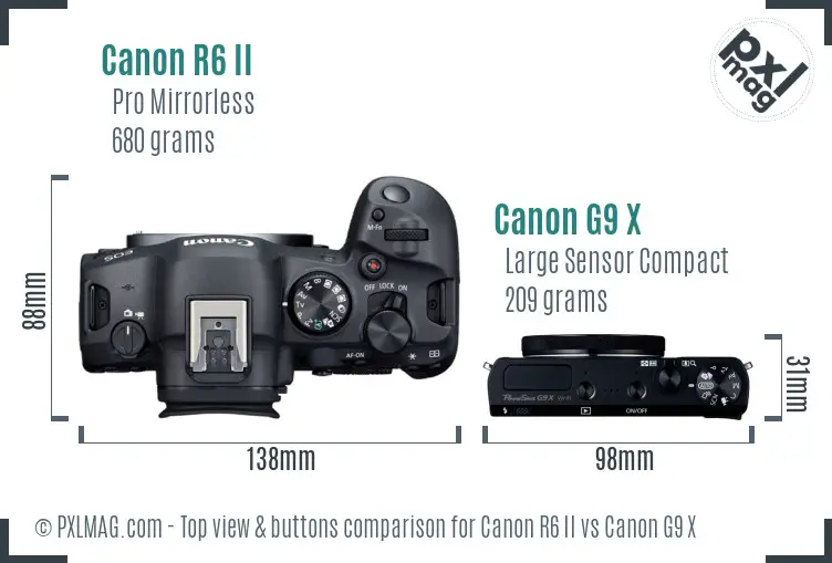 Canon R6 II vs Canon G9 X top view buttons comparison Canon R6 II vs Canon G9 X top view buttons comparison