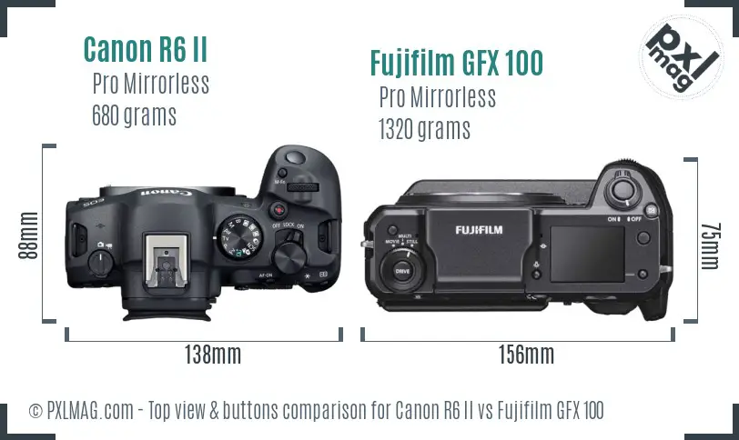 Canon R6 II vs Fujifilm GFX 100 top view buttons comparison