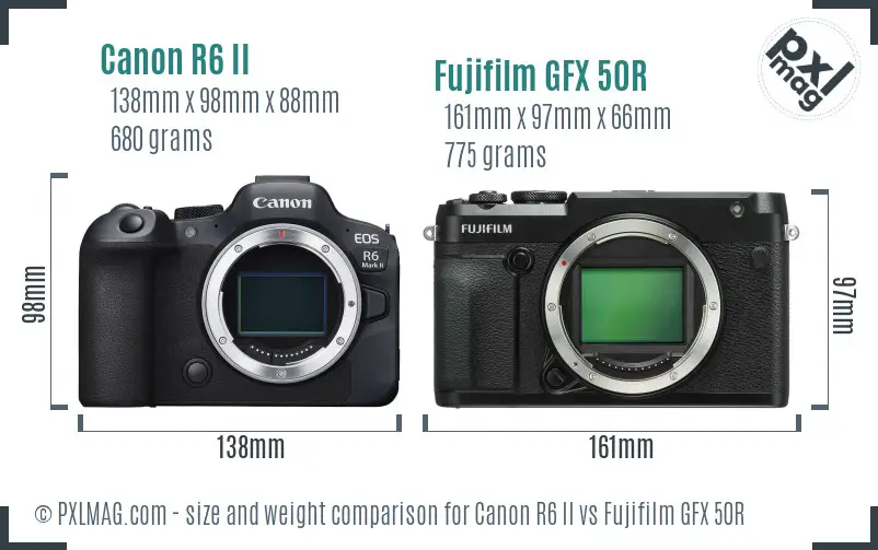 Canon R6 II vs Fujifilm GFX 50R size comparison