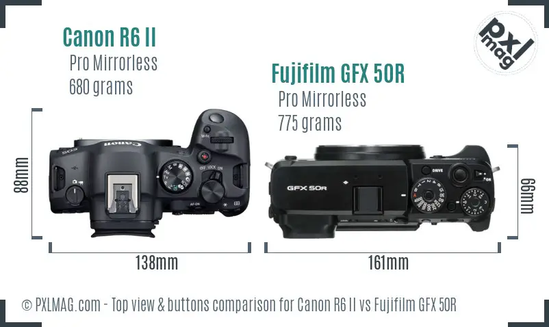 Canon R6 II vs Fujifilm GFX 50R top view buttons comparison