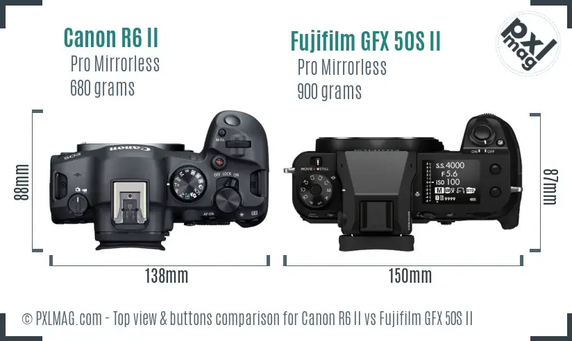 Canon R6 II vs Fujifilm GFX 50S II top view buttons comparison