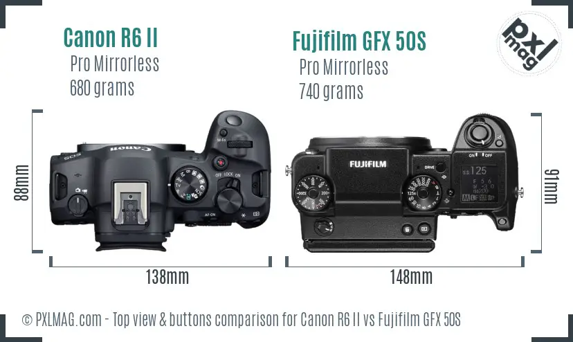 Canon R6 II vs Fujifilm GFX 50S top view buttons comparison Canon R6 II vs Fujifilm GFX 50S top view buttons comparison