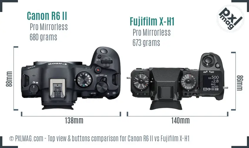 Canon R6 II vs Fujifilm X-H1 top view buttons comparison