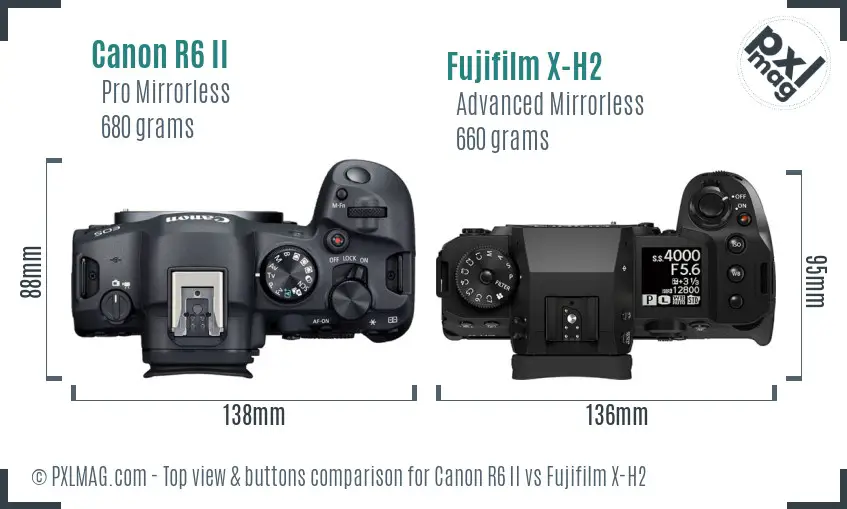 Canon R6 II vs Fujifilm X-H2 top view buttons comparison