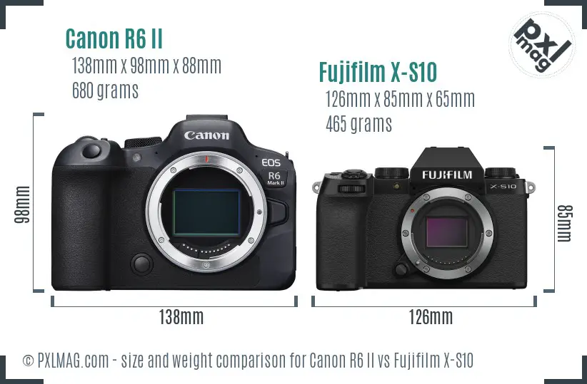 Canon R6 II vs Fujifilm X-S10 size comparison Canon R6 II vs Fujifilm X-S10 size comparison