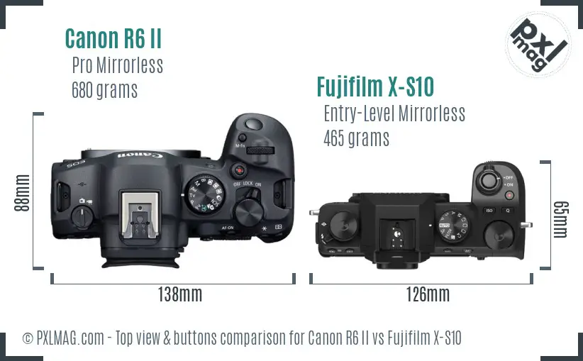 Canon R6 II vs Fujifilm X-S10 top view buttons comparison Canon R6 II vs Fujifilm X-S10 top view buttons comparison