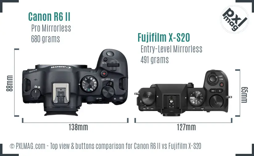 Canon R6 II vs Fujifilm X-S20 top view buttons comparison