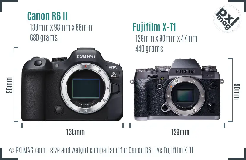 Canon R6 II vs Fujifilm X-T1 size comparison Canon R6 II vs Fujifilm X-T1 size comparison