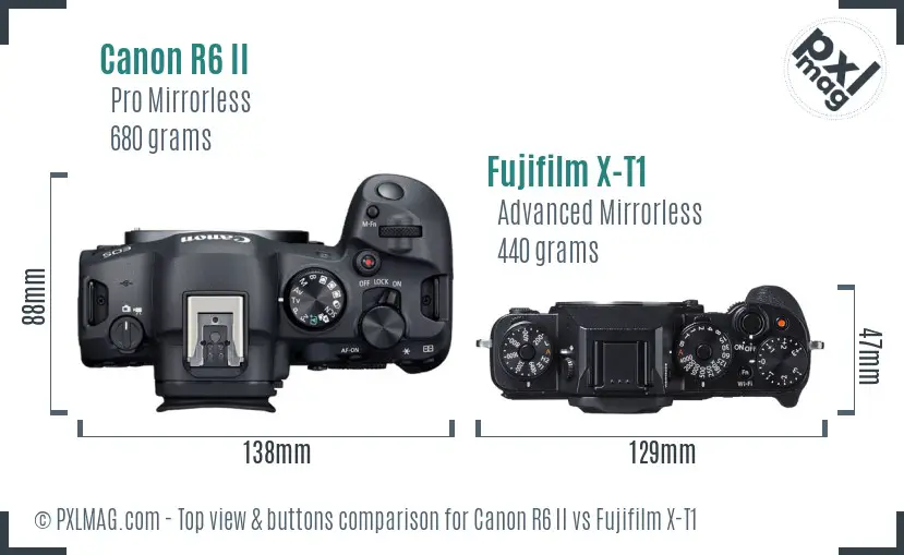 Canon R6 II vs Fujifilm X-T1 top view buttons comparison