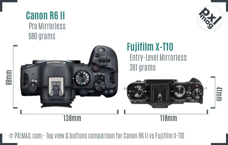Canon R6 II vs Fujifilm X-T10 top view buttons comparison Canon R6 II vs Fujifilm X-T10 top view buttons comparison