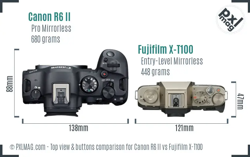 Canon R6 II vs Fujifilm X-T100 top view buttons comparison