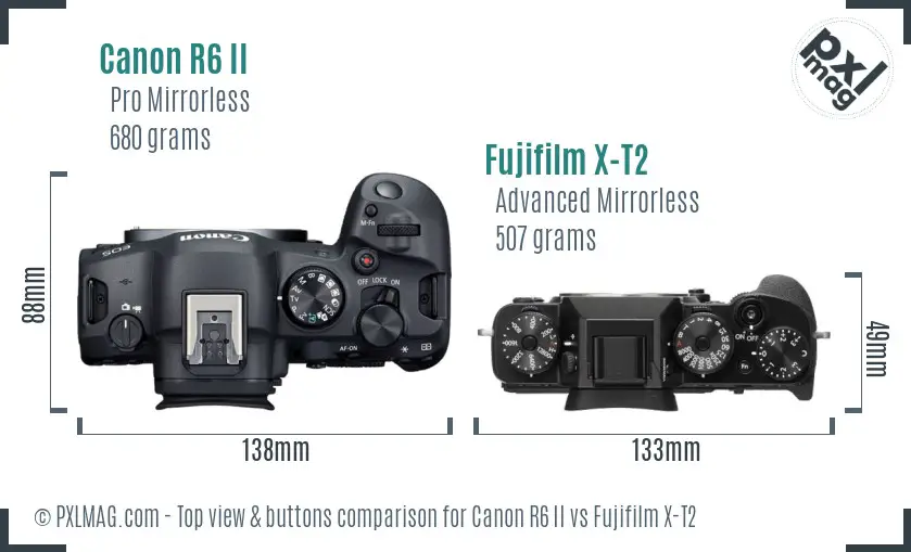 Canon R6 II vs Fujifilm X-T2 top view buttons comparison Canon R6 II vs Fujifilm X-T2 top view buttons comparison