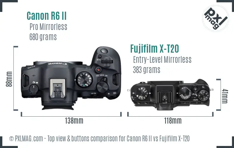 Canon R6 II vs Fujifilm X-T20 top view buttons comparison