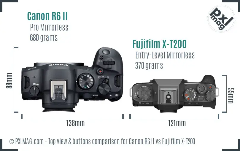 Canon R6 II vs Fujifilm X-T200 top view buttons comparison Canon R6 II vs Fujifilm X-T200 top view buttons comparison