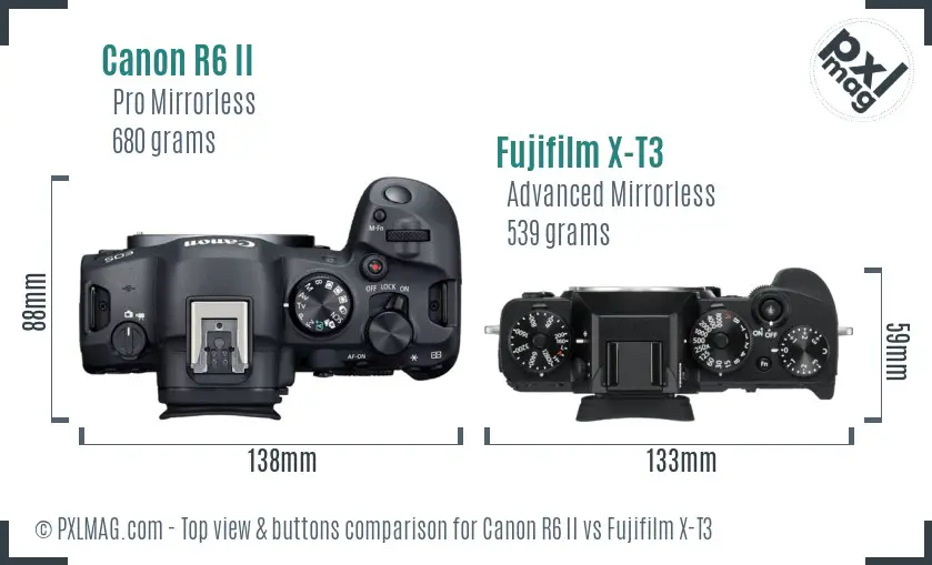 Canon R6 II vs Fujifilm X-T3 top view buttons comparison