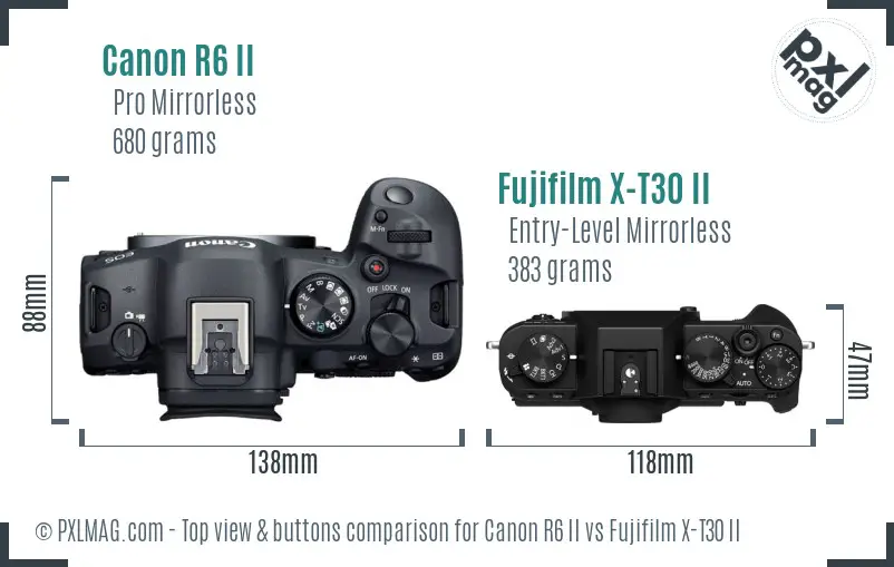 Canon R6 II vs Fujifilm X-T30 II top view buttons comparison