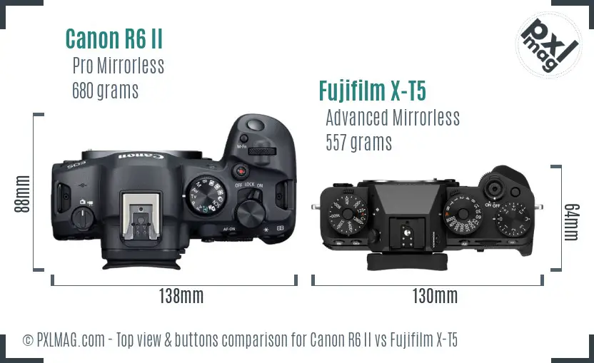 Canon R6 II vs Fujifilm X-T5 top view buttons comparison