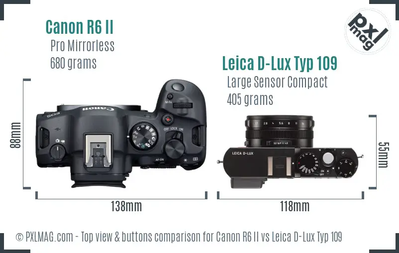 Canon R6 II vs Leica D-Lux Typ 109 top view buttons comparison Canon R6 II vs Leica D-Lux Typ 109 top view buttons comparison