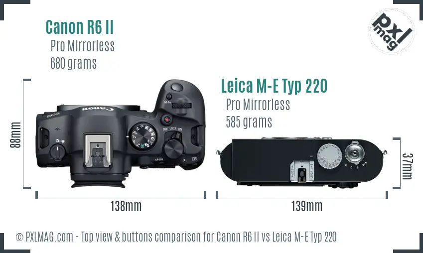 Canon R6 II vs Leica M-E Typ 220 top view buttons comparison Canon R6 II vs Leica M-E Typ 220 top view buttons comparison