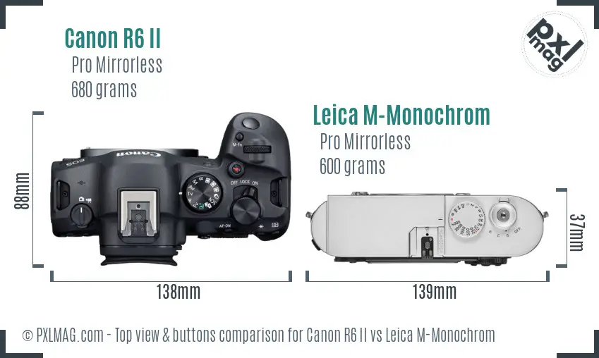 Canon R6 II vs Leica M-Monochrom top view buttons comparison Canon R6 II vs Leica M-Monochrom top view buttons comparison