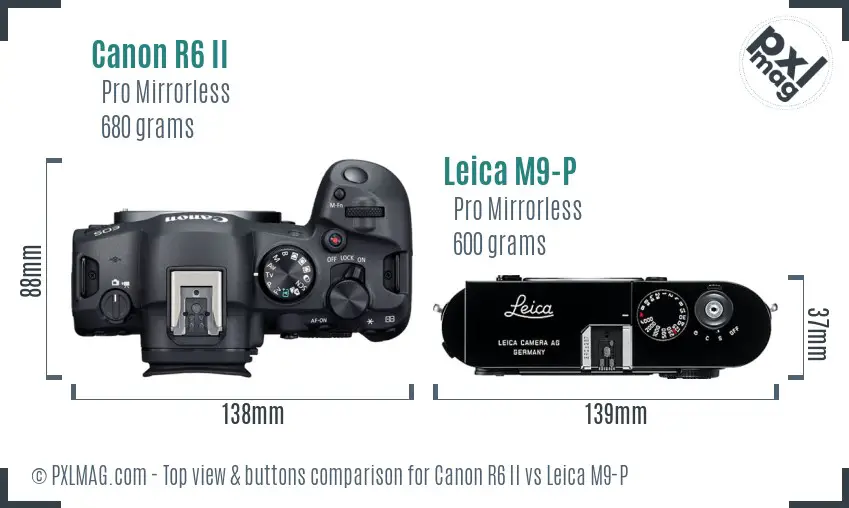 Canon R6 II vs Leica M9-P top view buttons comparison