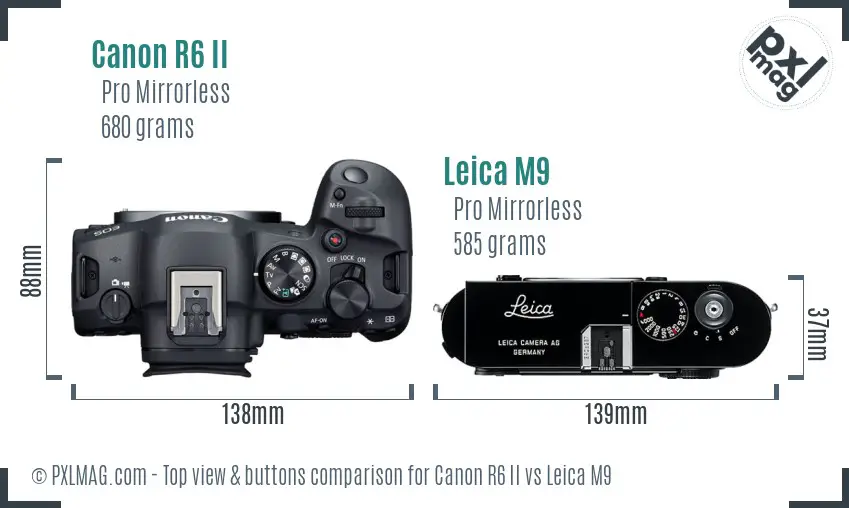 Canon R6 II vs Leica M9 top view buttons comparison Canon R6 II vs Leica M9 top view buttons comparison