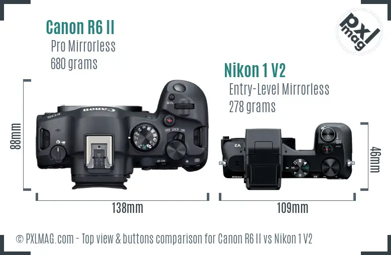 Canon R6 II vs Nikon 1 V2 top view buttons comparison