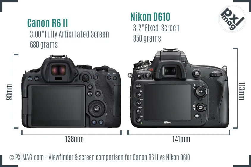 Canon R6 II vs Nikon D610 Screen and Viewfinder comparison