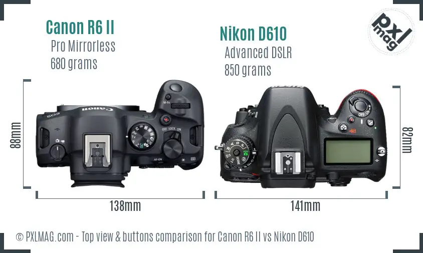 Canon R6 II vs Nikon D610 top view buttons comparison