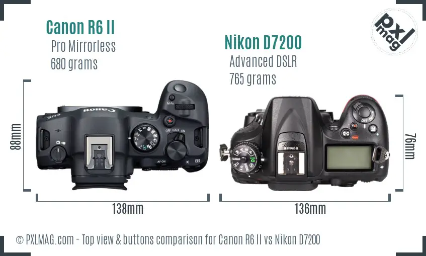 Canon R6 II vs Nikon D7200 top view buttons comparison Canon R6 II vs Nikon D7200 top view buttons comparison