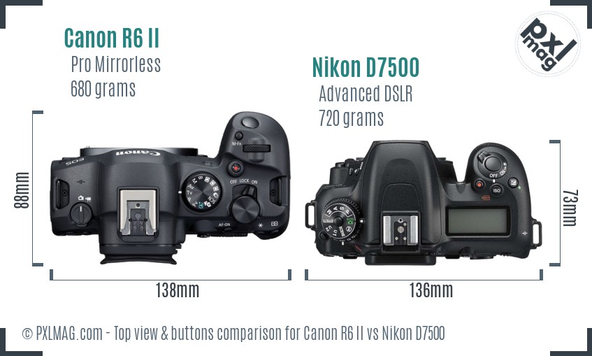 Canon R6 II vs Nikon D7500 top view buttons comparison