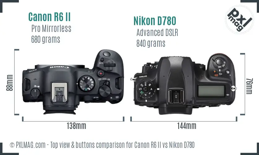 Canon R6 II vs Nikon D780 top view buttons comparison