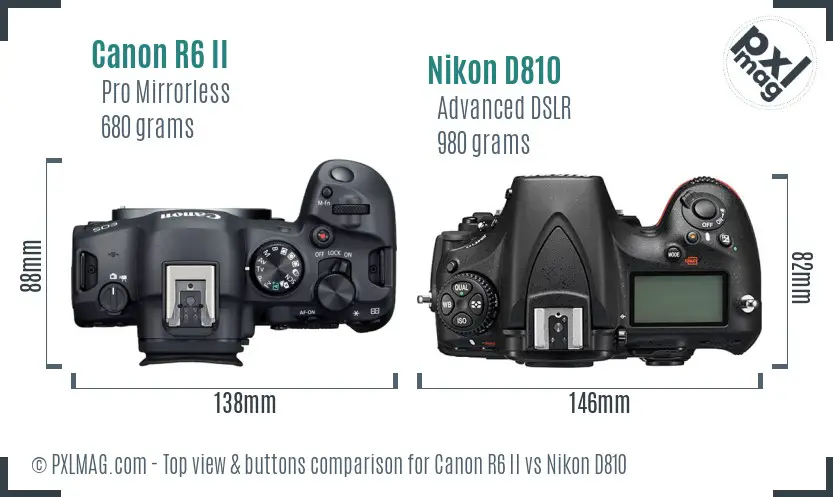Canon R6 II vs Nikon D810 top view buttons comparison Canon R6 II vs Nikon D810 top view buttons comparison
